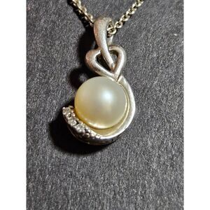 Vintage Sterling Silver Freshwater Pearl Diamond Pendant Necklace 20"